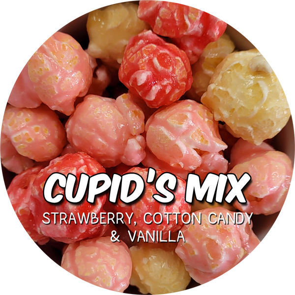 Cupid's Mix colored popcorn with strawberry, cotton candy, and vanilla flavors in a circular arrangement.