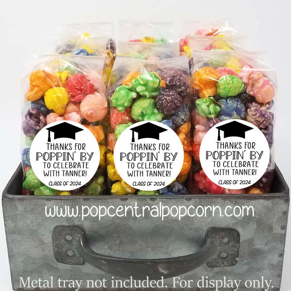 Graduation popcorn party favors with custom labels