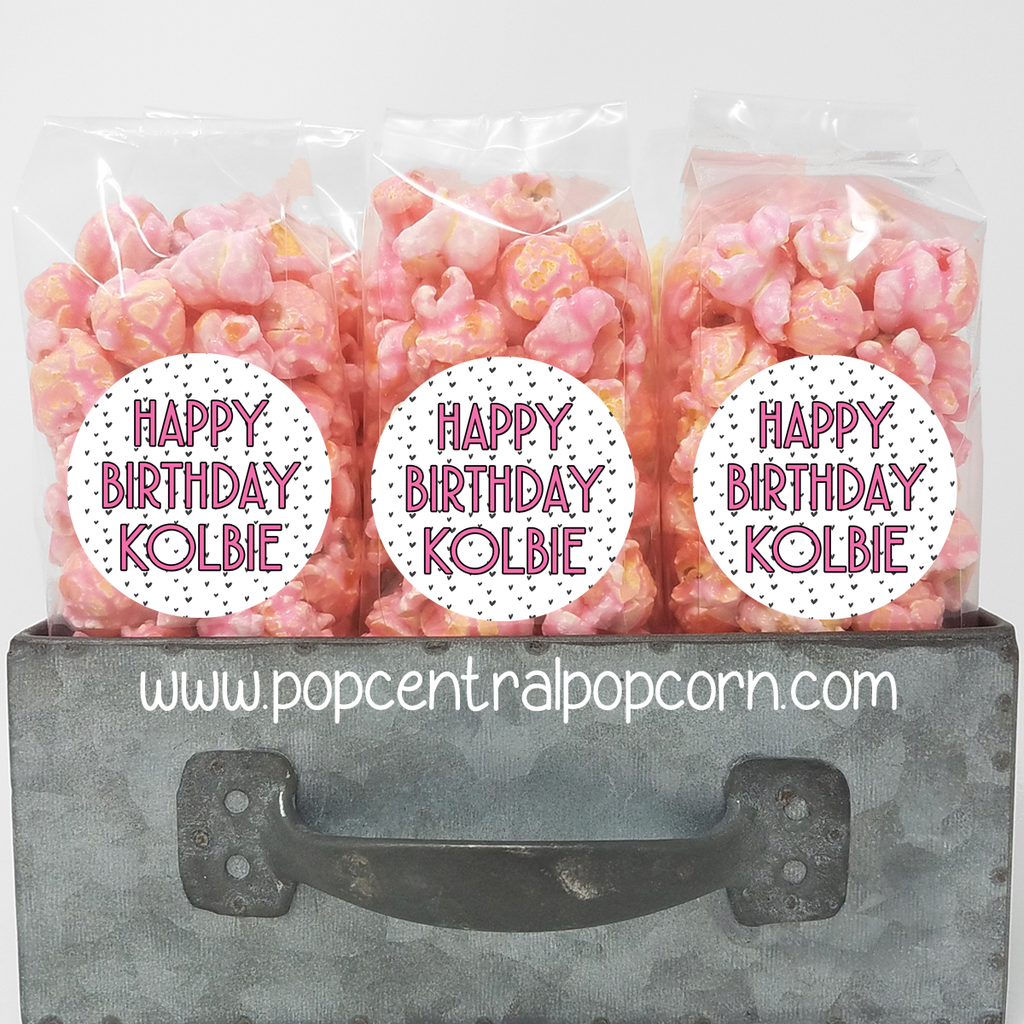 Pink Popcorn Party Favors with personalized labels 